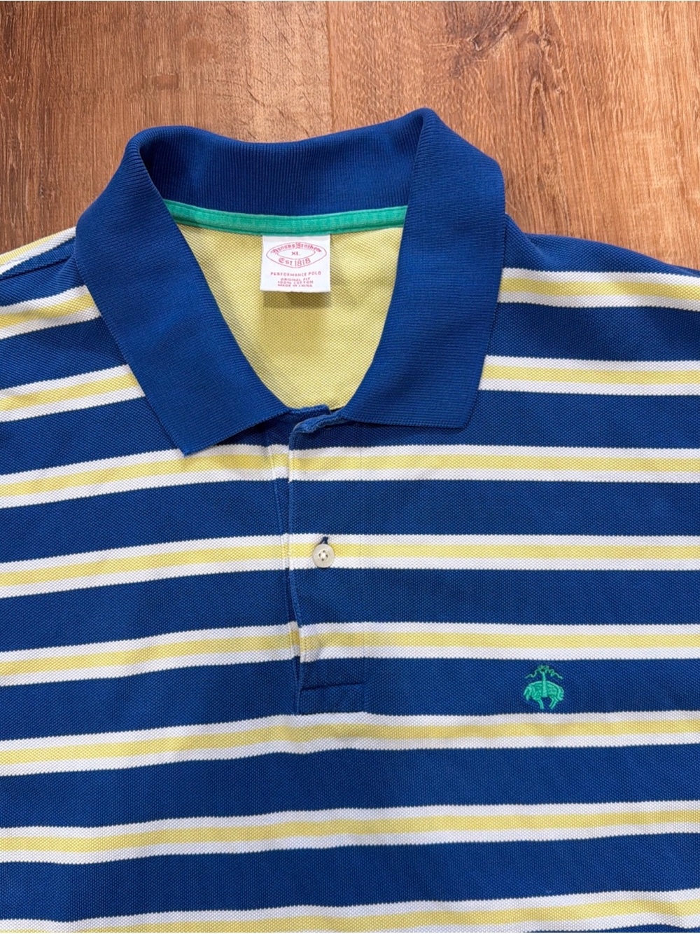 Brooks Brothers Polo Shirt Mens XL Blue Yellow White Striped Original Fit Preppy